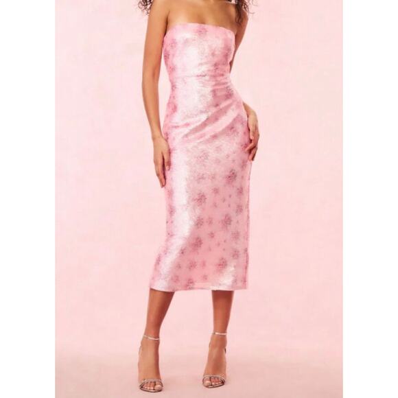 LoveShackFancy Stasia Sequin Midi Dress Floral Strapless Sparkle Flamenco Pink - Picture 1 of 16